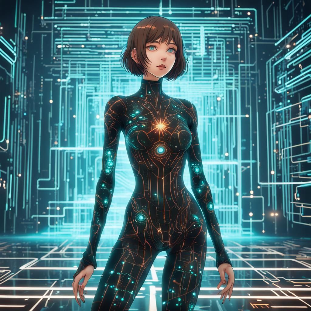 Cyberpunk Woman in Cyberspace with Fireball