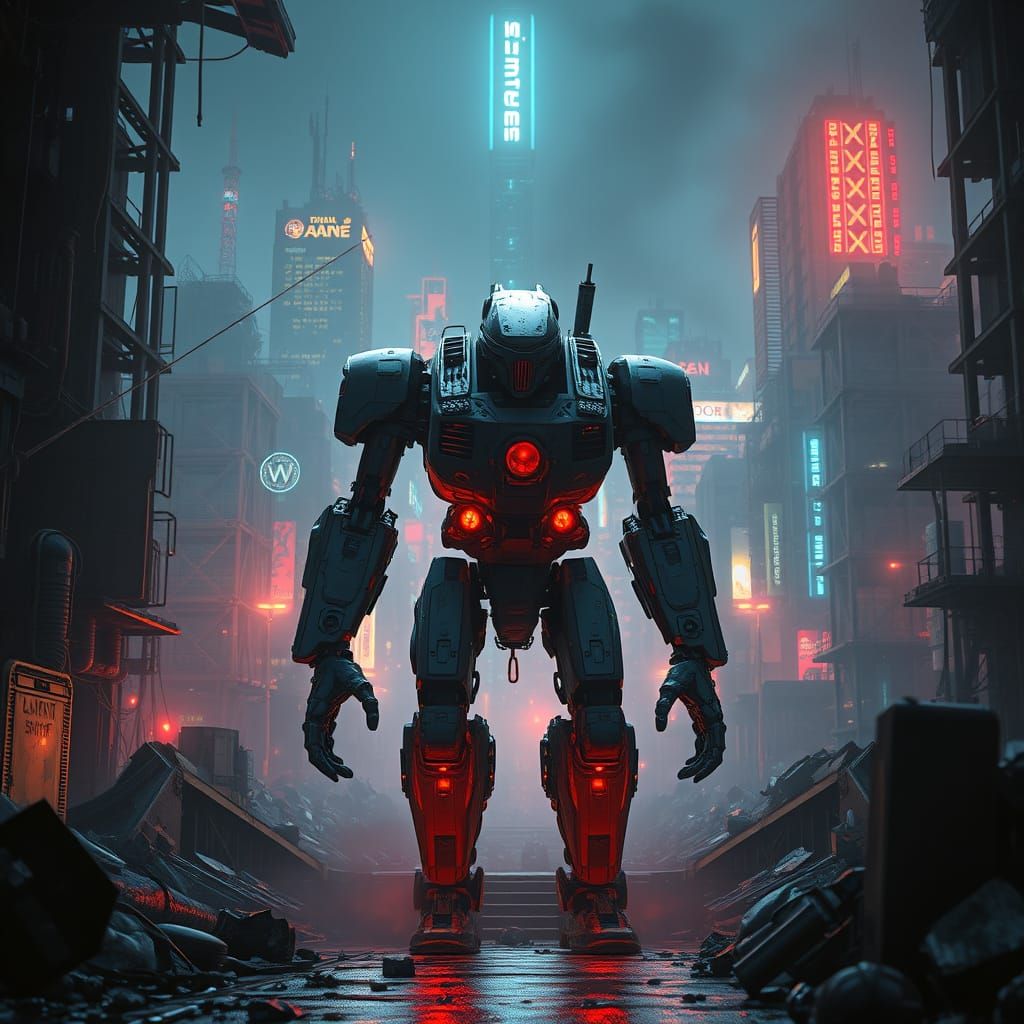 Dystopian Robot Escape in Futuristic Cityscape