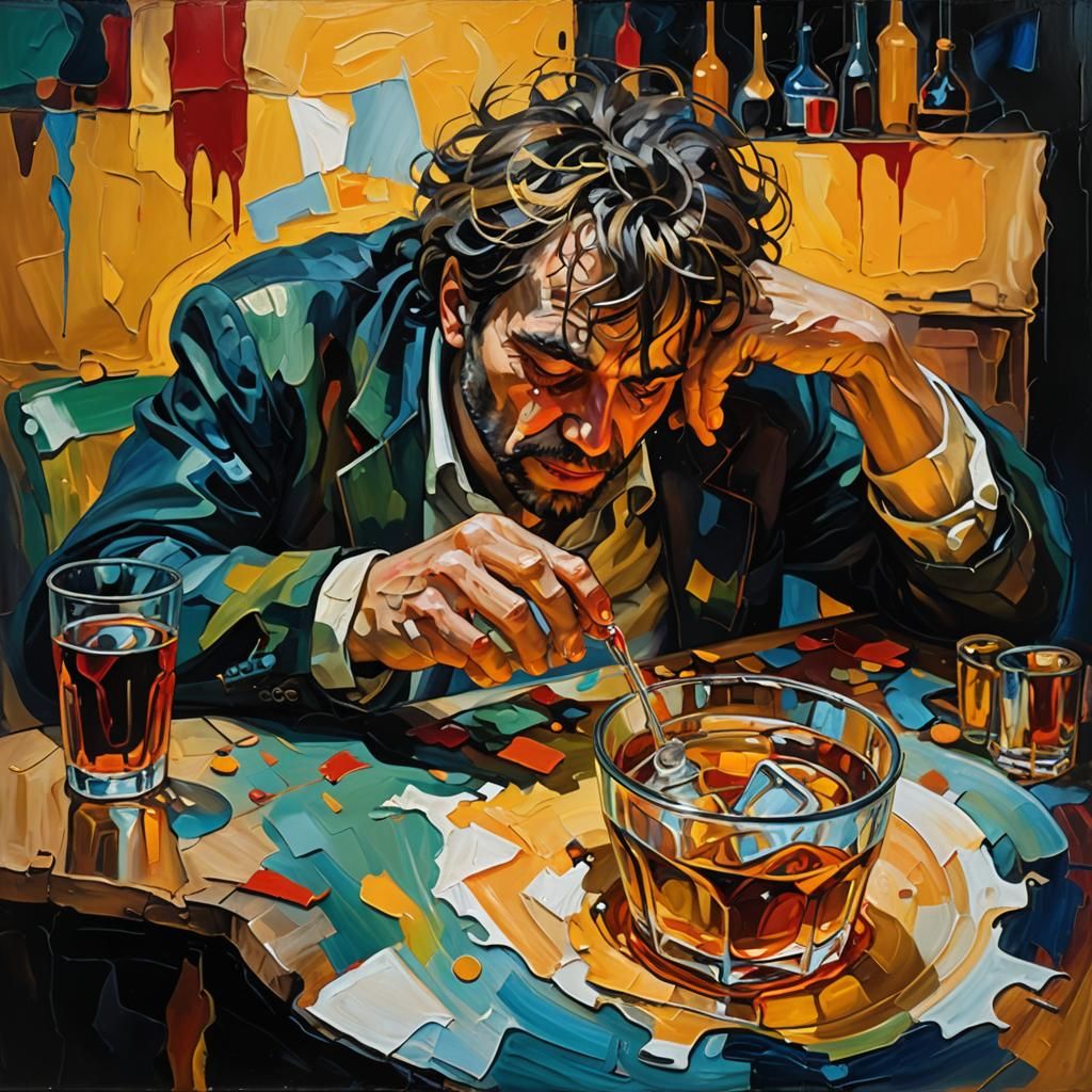 Surreal Disheveled Drinker in Abstract Expressionism