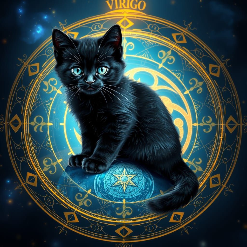 Regal Black Kitten Amidst Celestial Astrological Chart