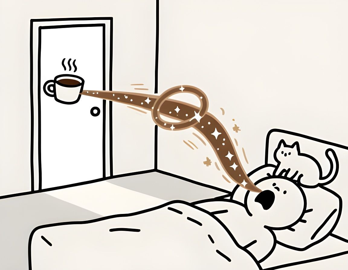 Magical Coffee Flies to Groggy Stick Figure in Minimalist Do...