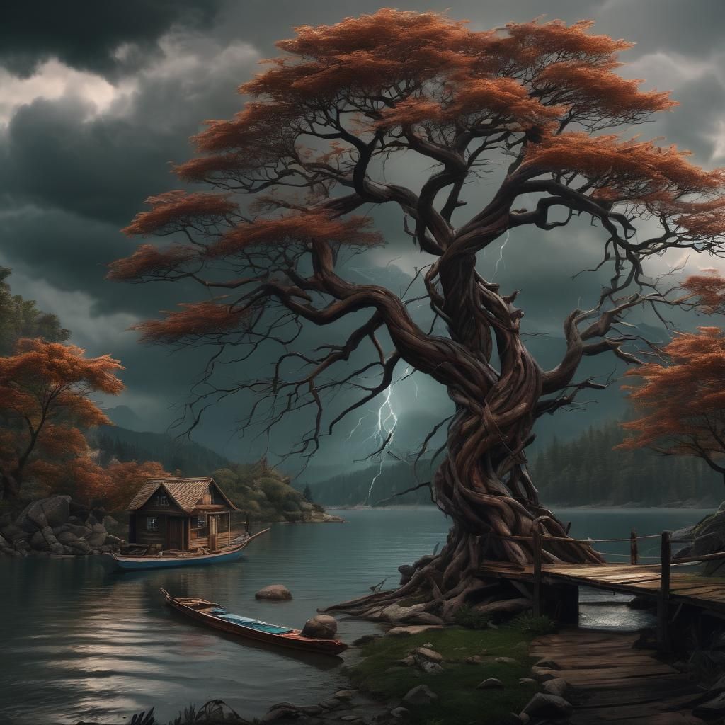 Stormy Mountain Lake Scene with Twisted Tree