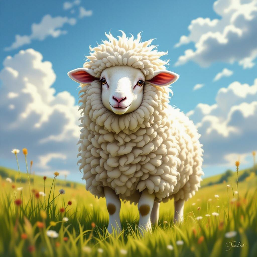 Sheep in Lion's Mane Costume in Grassy Meadow