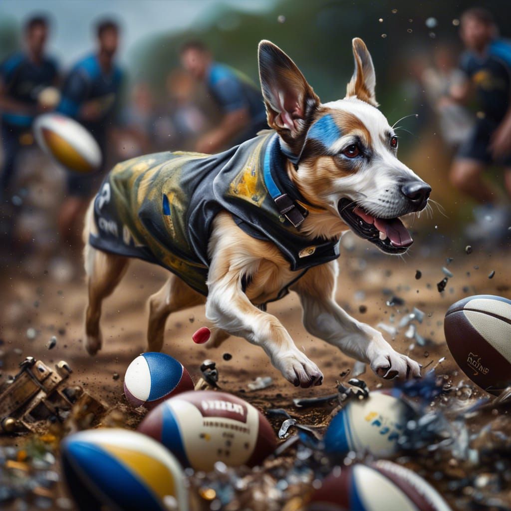 Dog Playing Rugby Made of Rubbish: Oil Painting