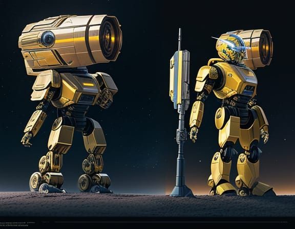 Golden Robot Guardian in Desert Landscape, Retro Futuristic ...