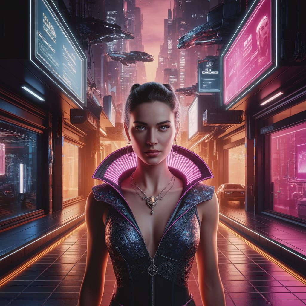 Neon Reflection: Woman in Cyberpunk Cityscape