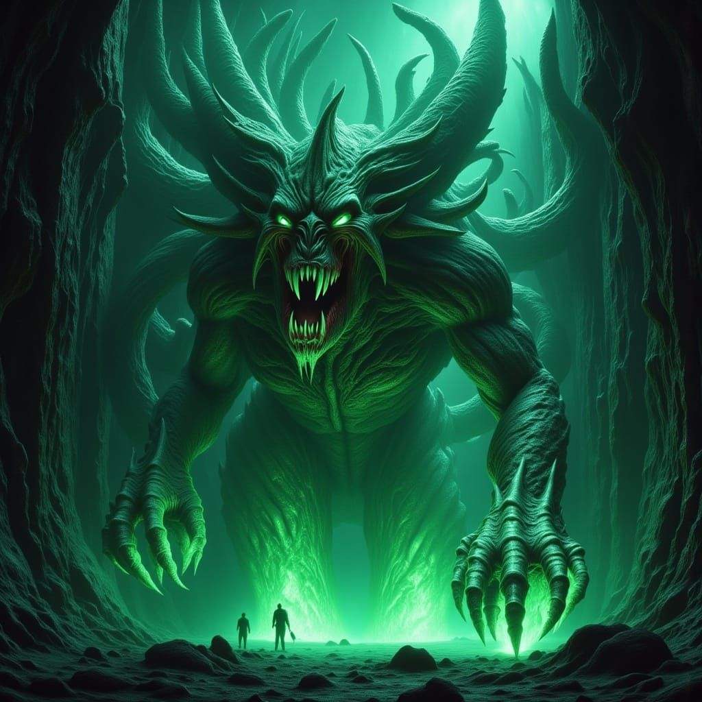 Colossal Horror Entity Emerges from Green Flame and Crystal