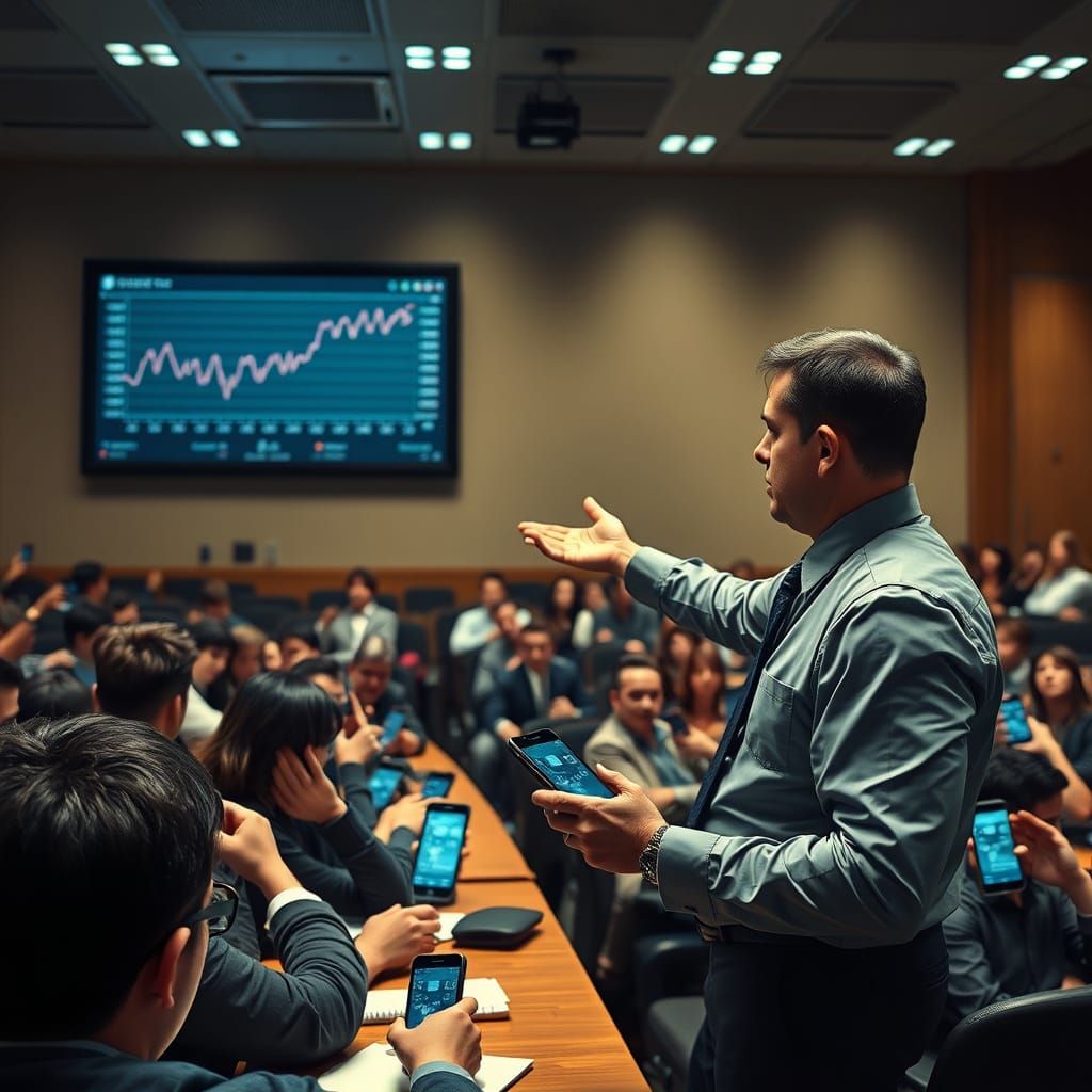 Trader Explains Financial Graph to Students in Modern Classr...