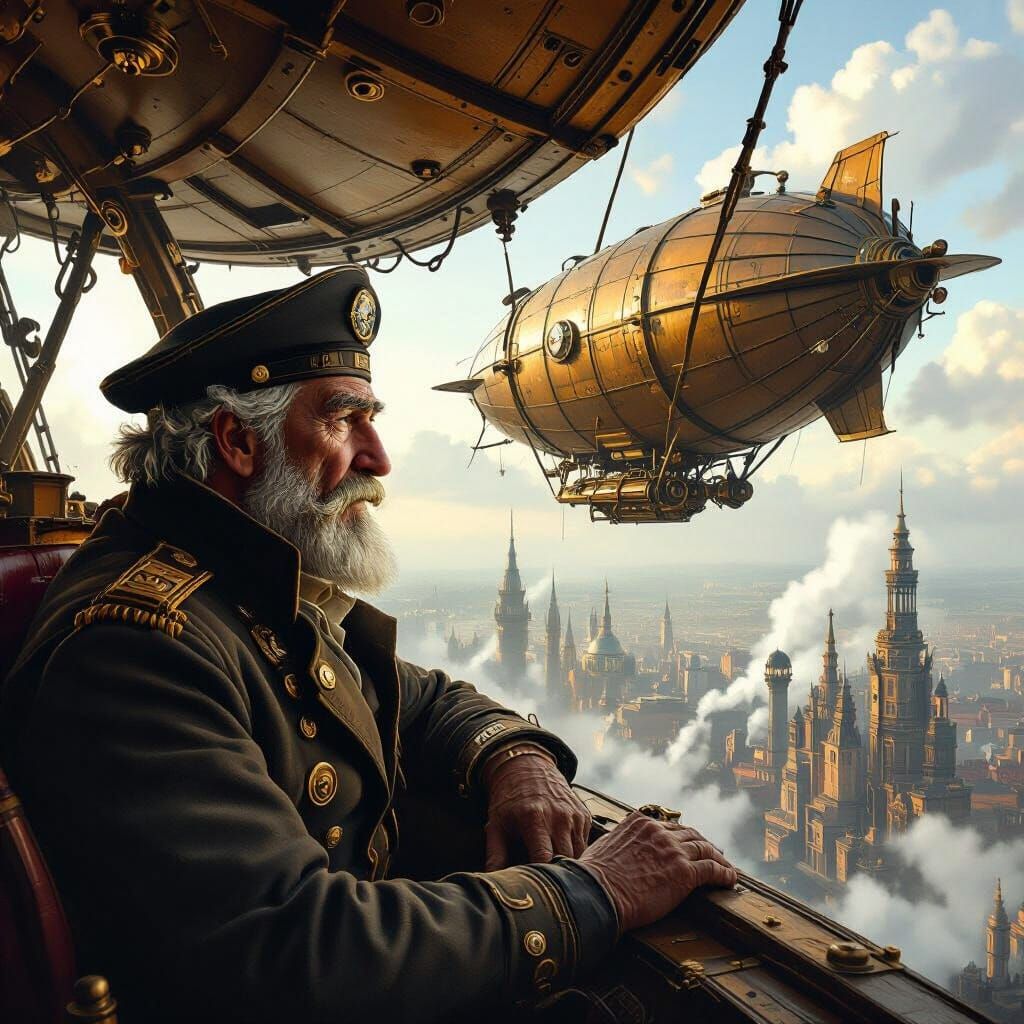 Steampunk Airship Captain Over Clockwork City
