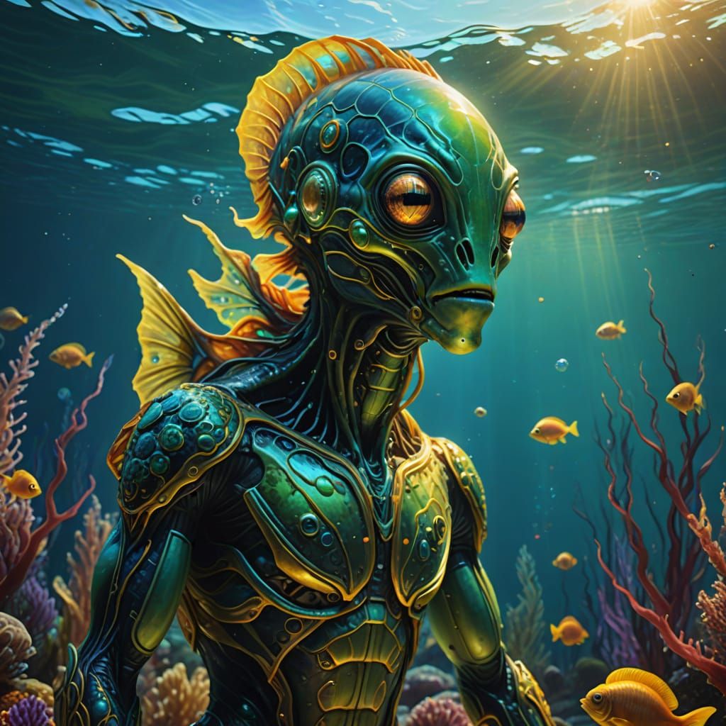 Underwater Alien in Surreal Triadic Oil Painting