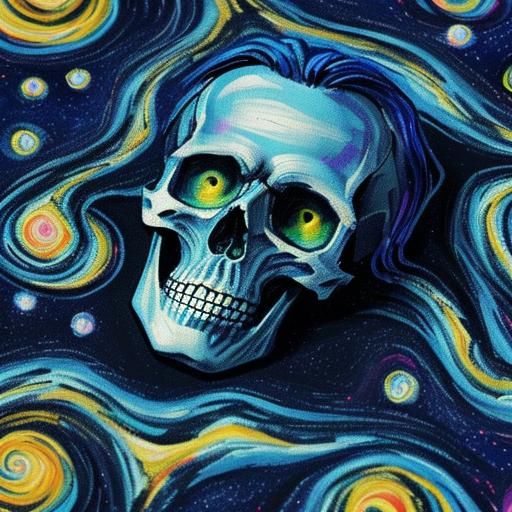 Skull with Starry Night Background in Gouache Style