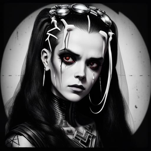 Cyberpunk Bride of Frankenstein Portrait in B&W
