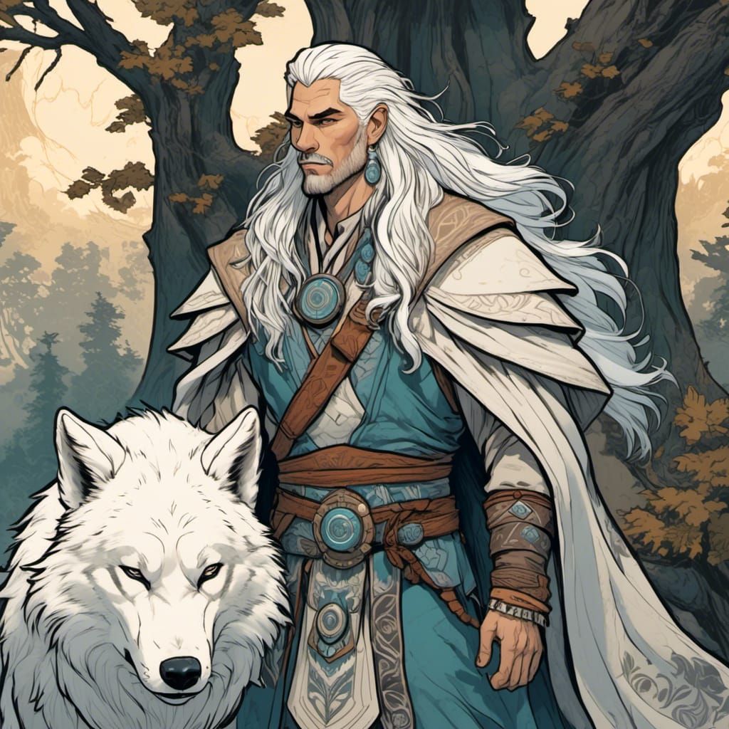 Shaman and White Wolf in Comic Book Style