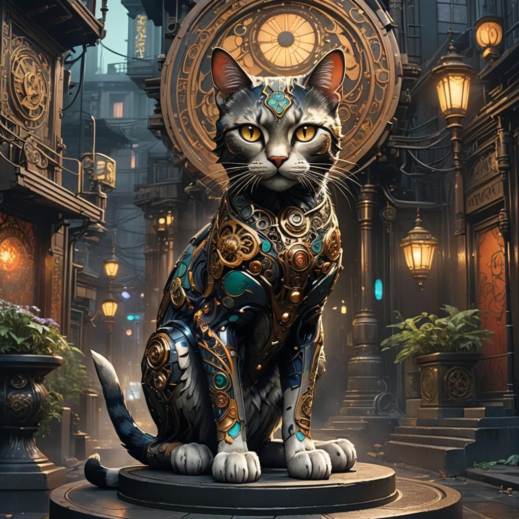 Mechanical Cat in Art Nouveau Style