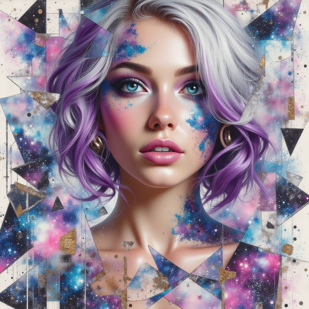 Woman With Violet Tipped Hair In Cosmic Nebula Style
