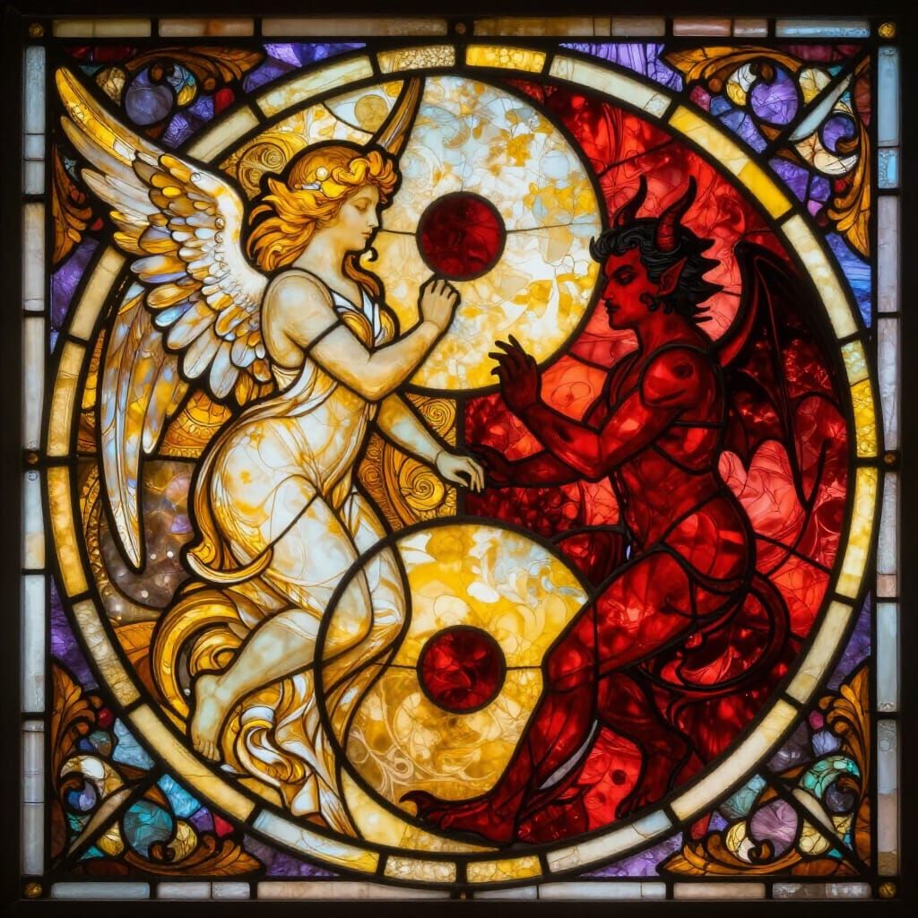 Angel and Devil Yin Yang in Stained Glass Style