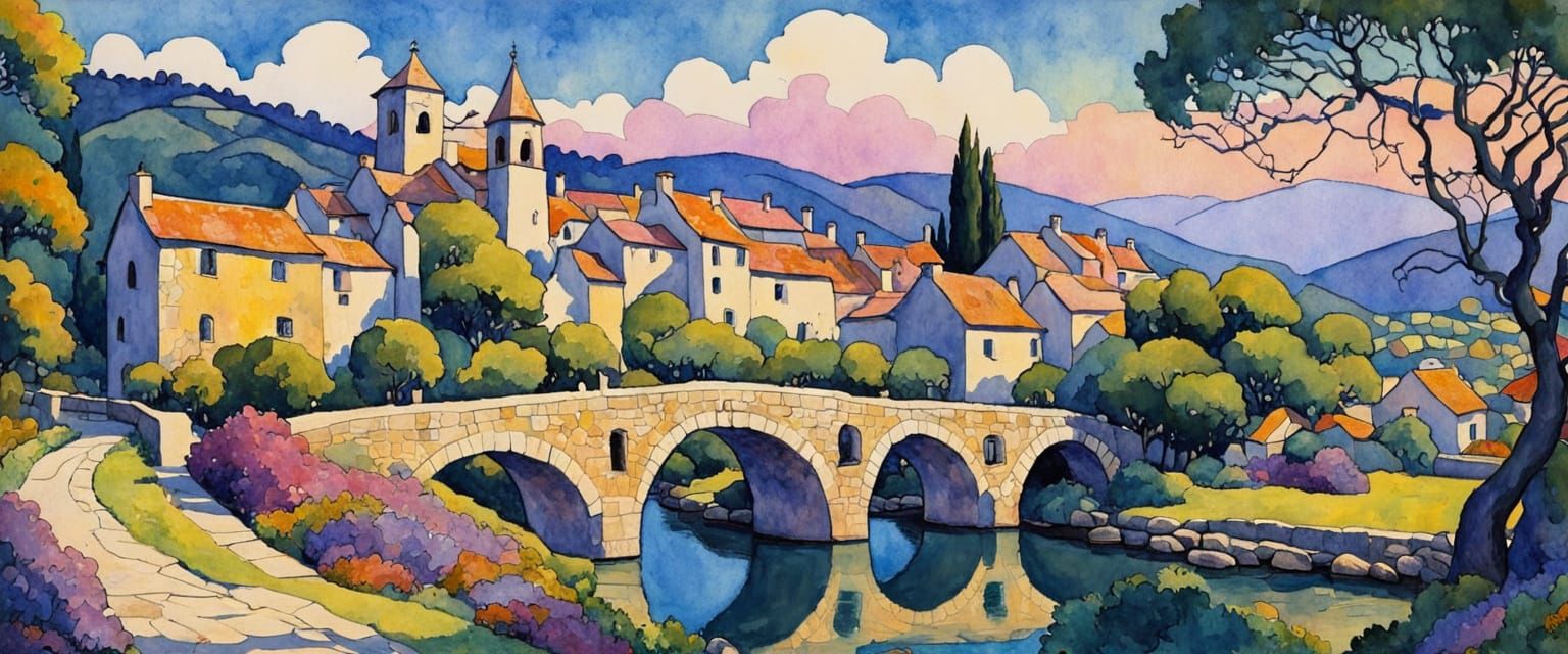 Impressionist Village with Arched Bridge in Watercolor