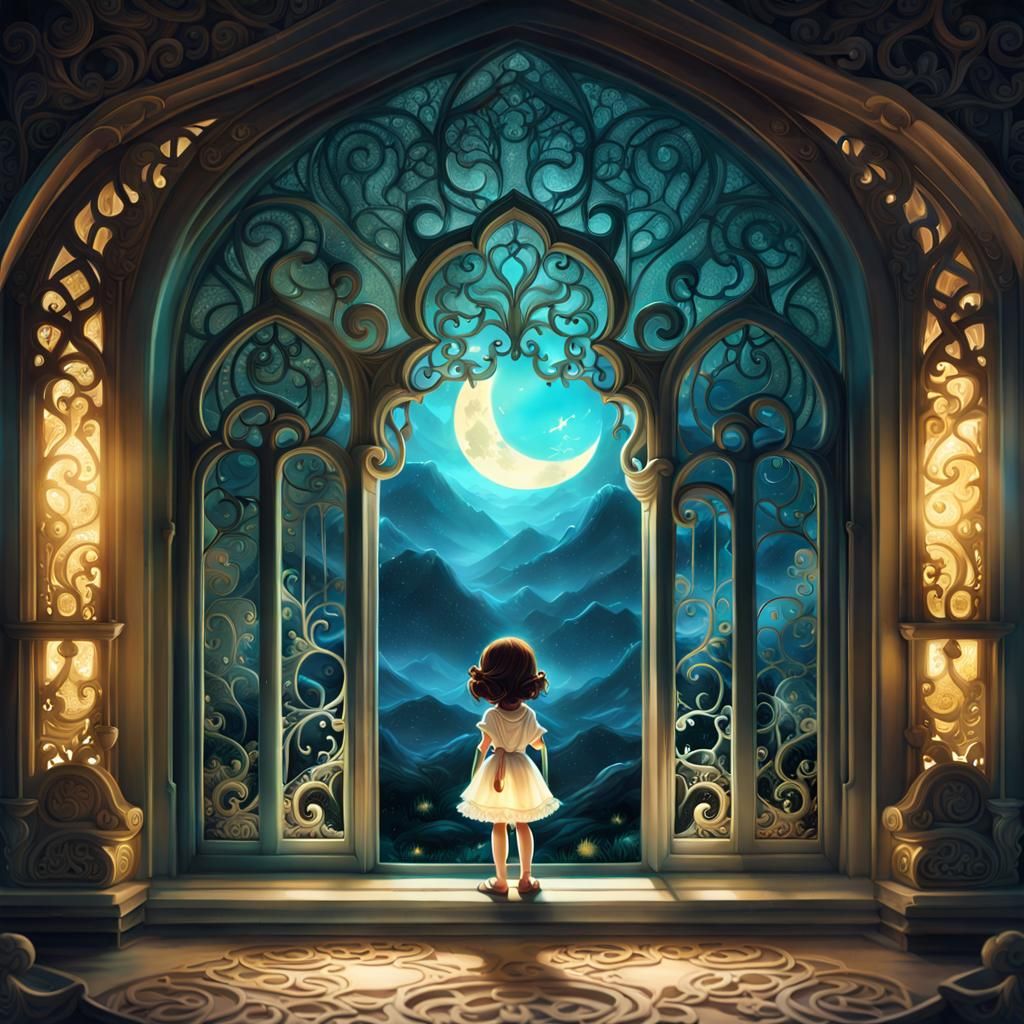 Luminous Filigree Fantasy Window, Digital Art Masterpiece