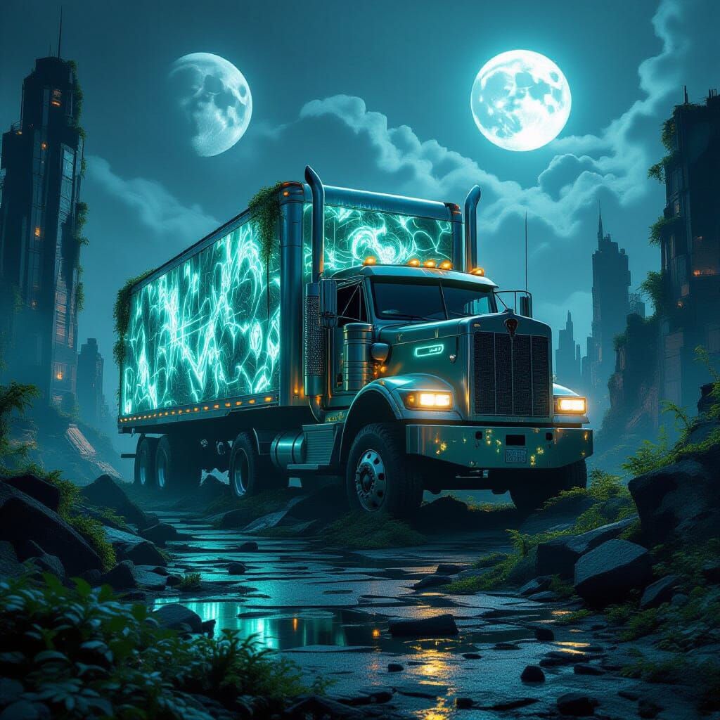 Ancient Moving Truck on Futuristic City Ruins