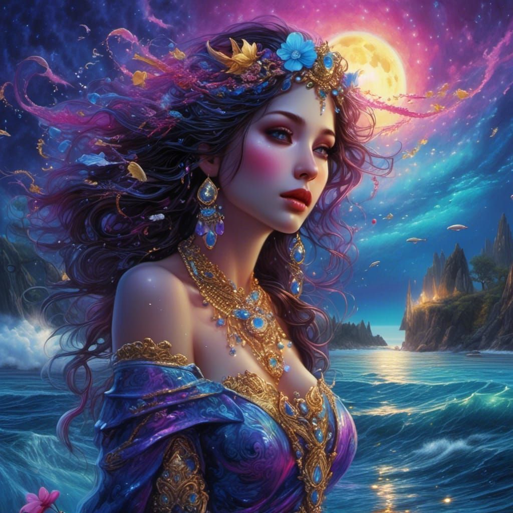 Fantasy Seashore Night Scene with Woman