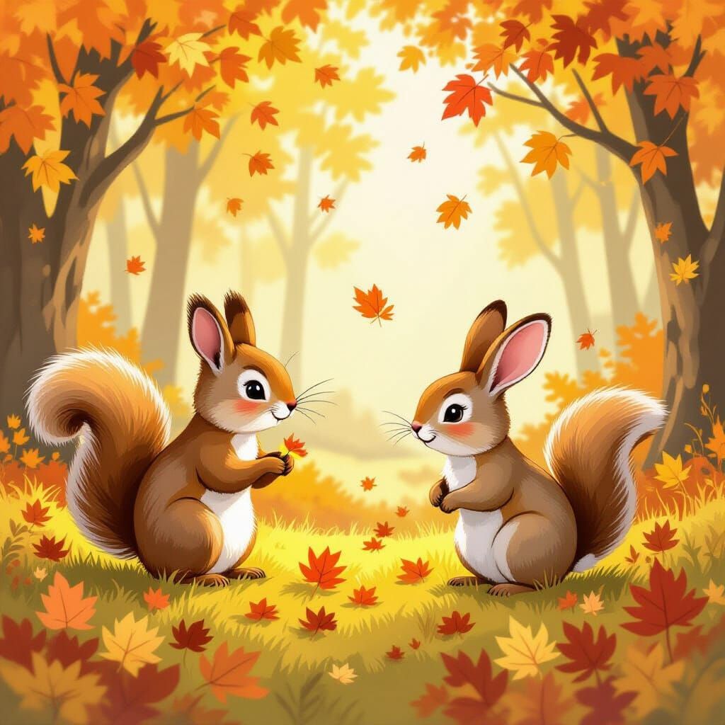 Whimsical Forest Scene with Animals Playing