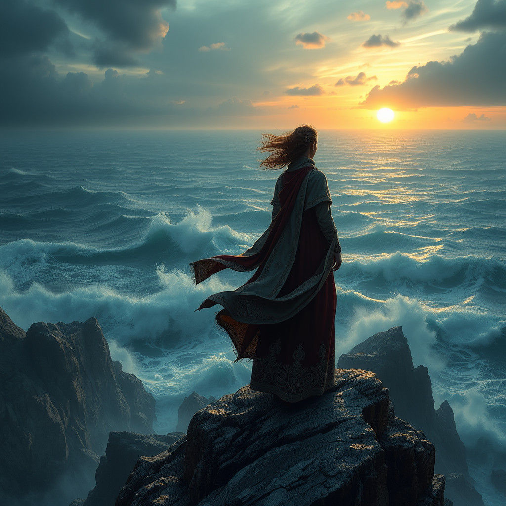 Lone Figure Gazing at Tempestuous Sea as Oil Painting