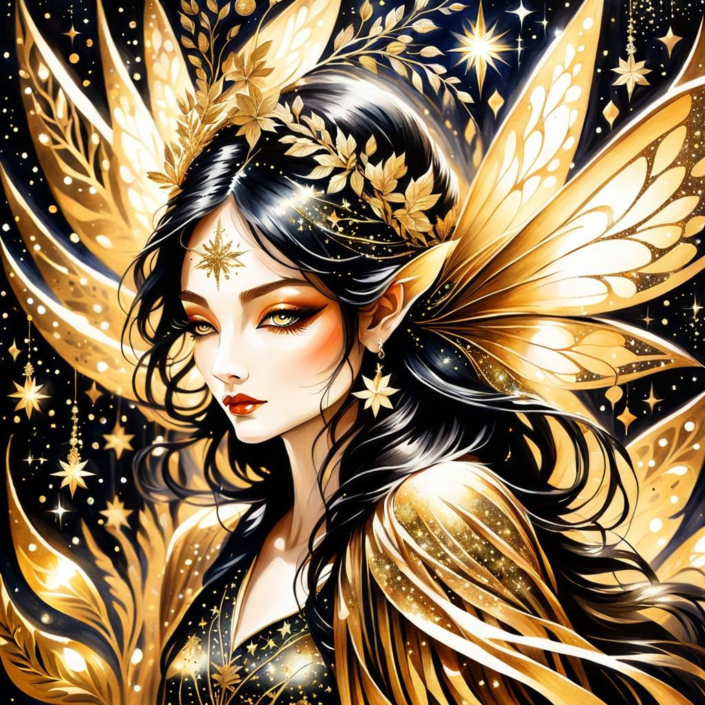 Mysterious Dark Fairy in Moonlit Shadow, Watercolor