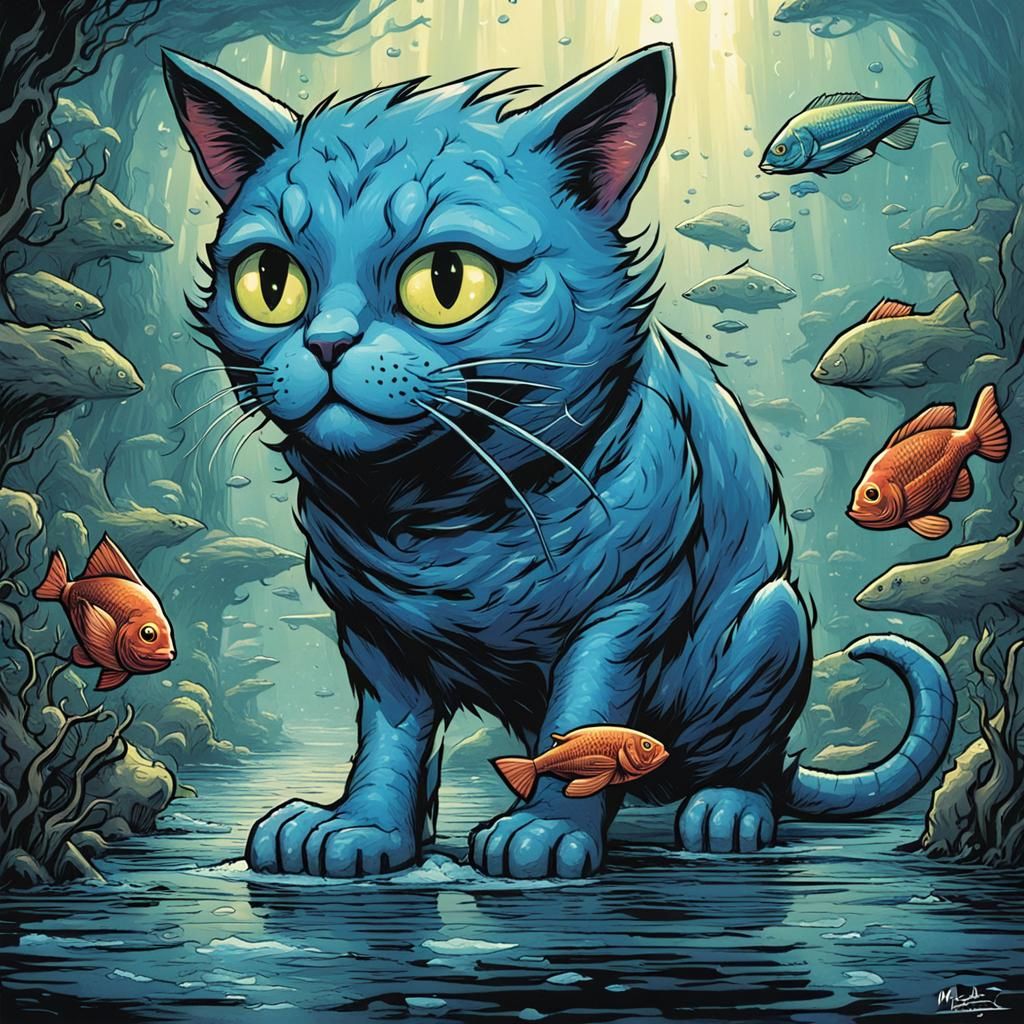Blue Cat and Fish in Comic Book Style