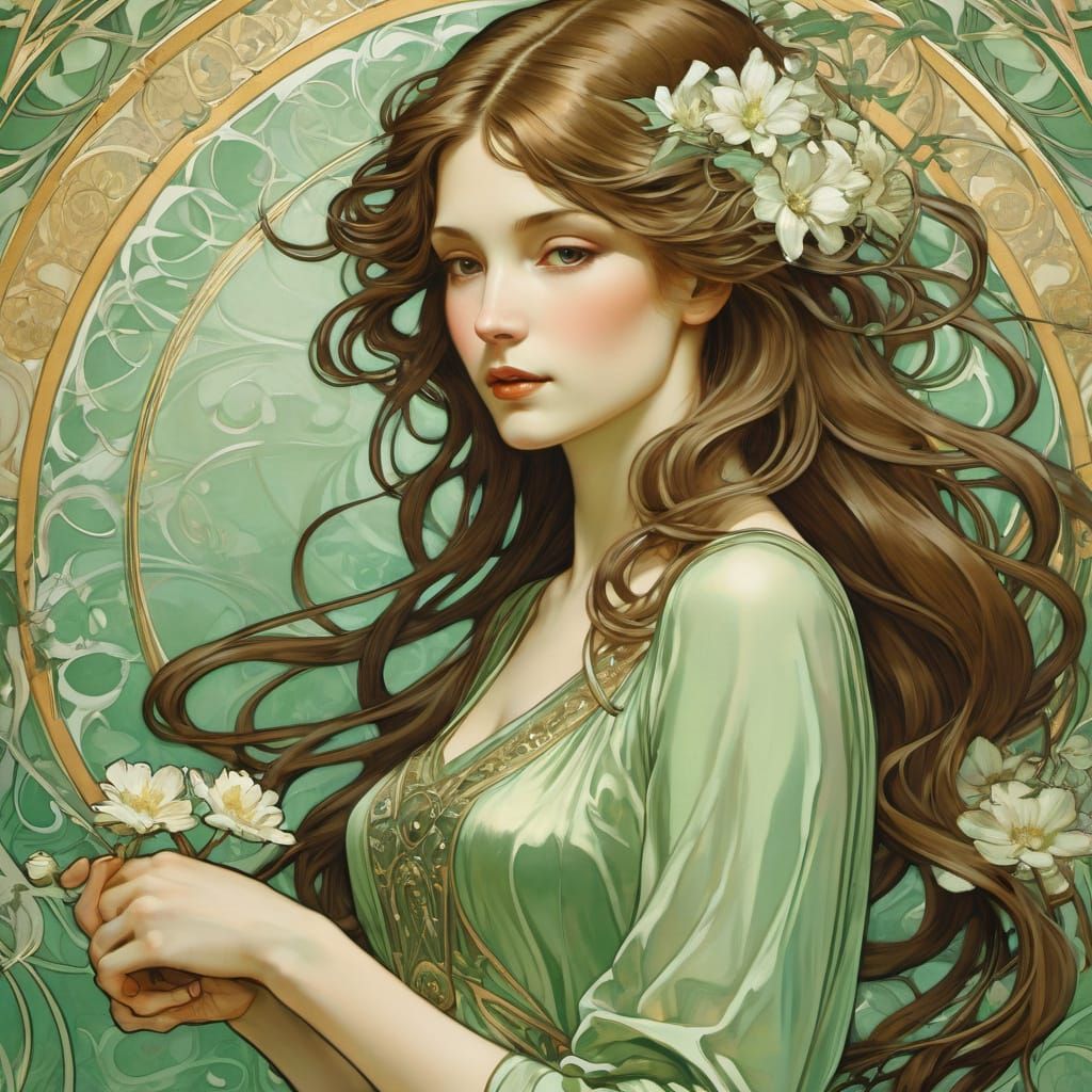 Elegant Woman in Art Nouveau Style with Flowing Hair