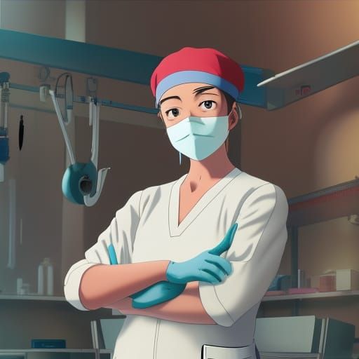 Surgical Nurse in Rose Scrubs: Studio Ghibli Anime