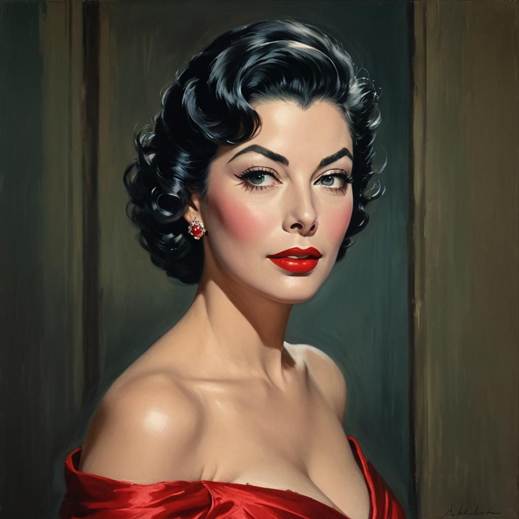 Ava Gardner in Red Gown: Impressionistic Oil Painting