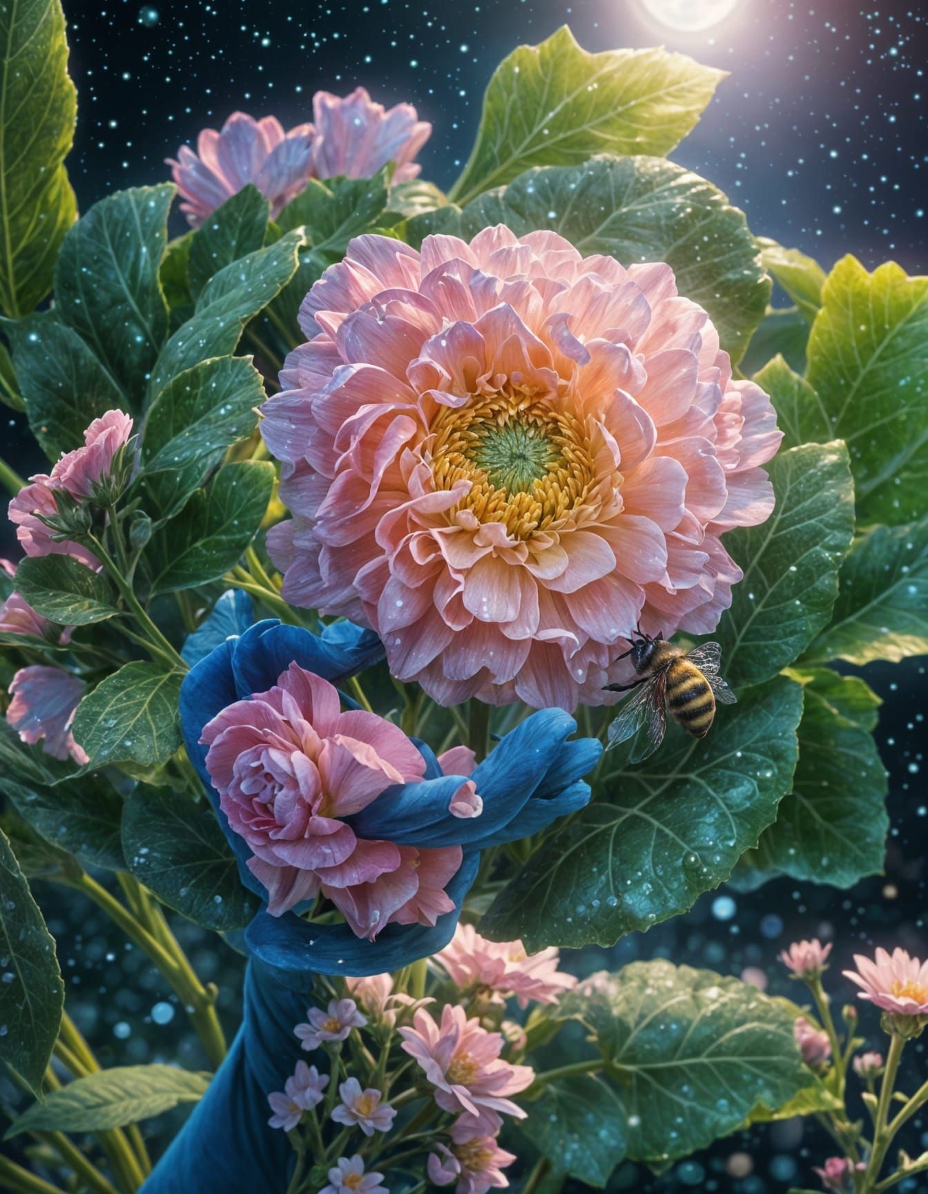 Blue Hand Holding Flower, Detailed Digital Painting