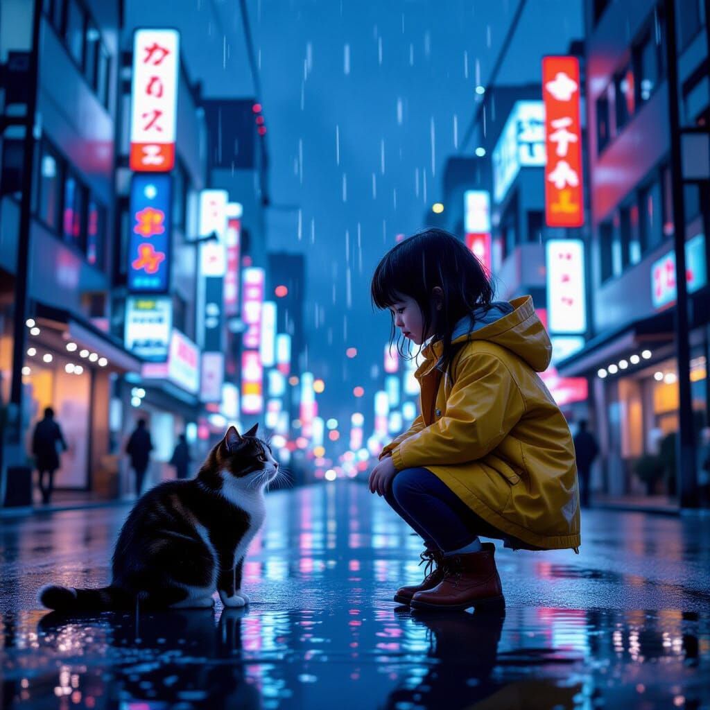 Girl Rescues Cat in Rainy Tokyo: Cinematic Style