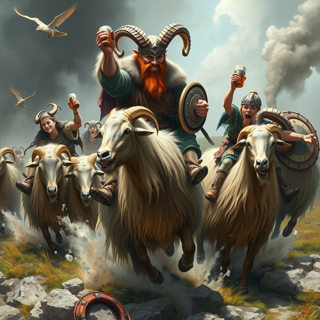 Viking Goat Race: A Humorous Hyperrealistic Scene
