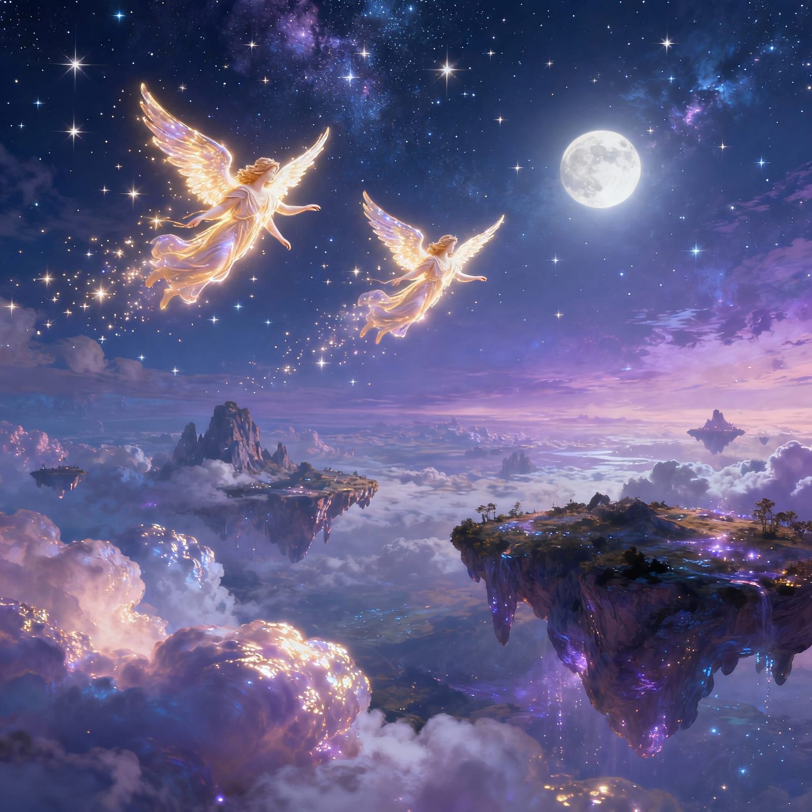 Angels Flying in Ethereal Fantasy World Under Starlit Sky