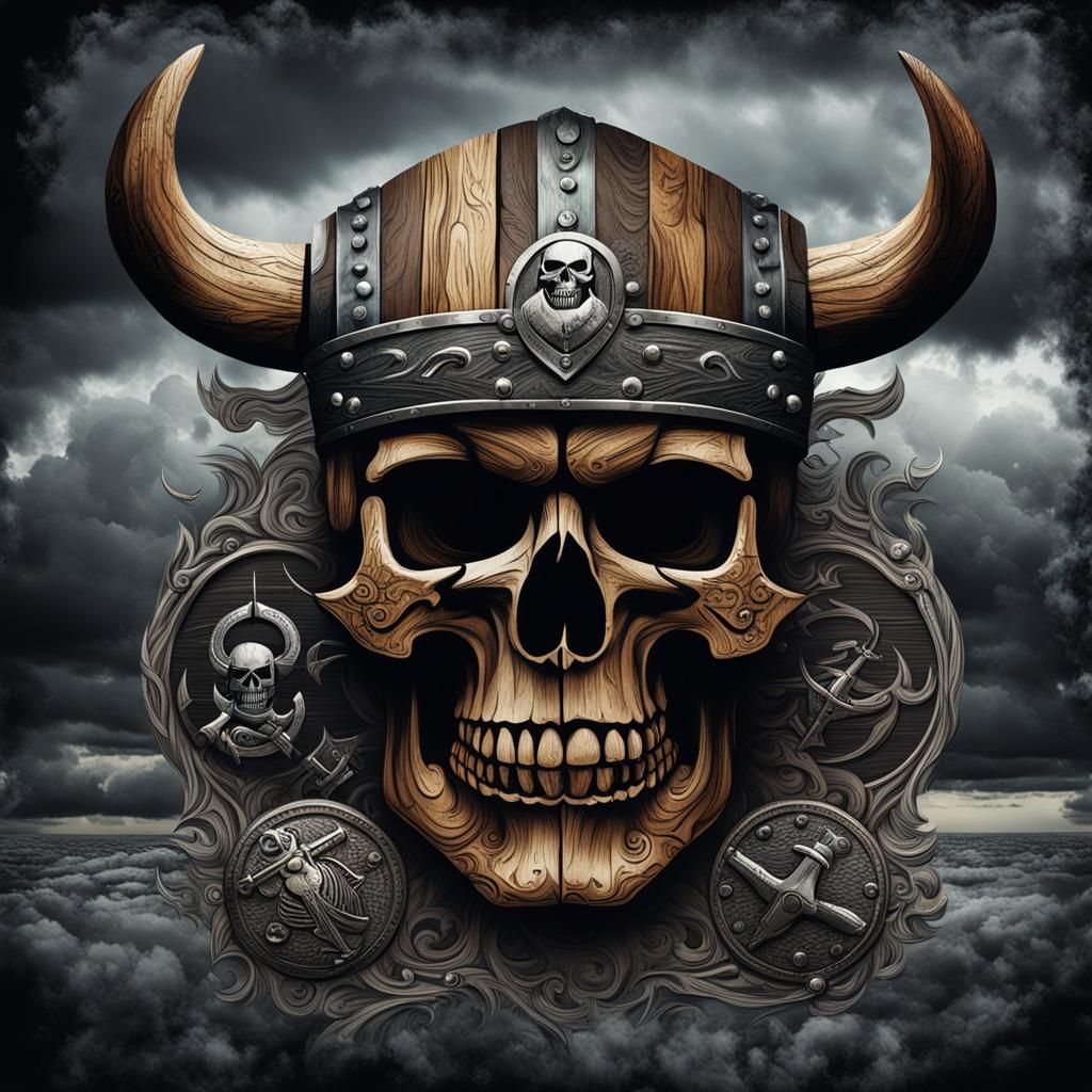 Wooden and Steel Skull with Viking Inscription