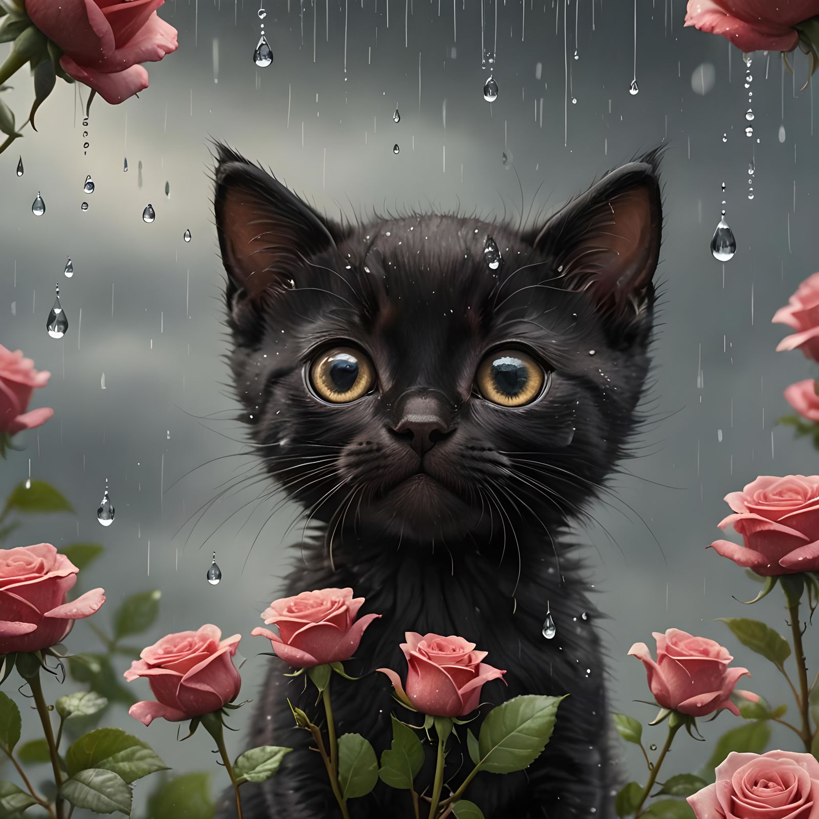 Curious Kitten Watches Raindrops on Rose