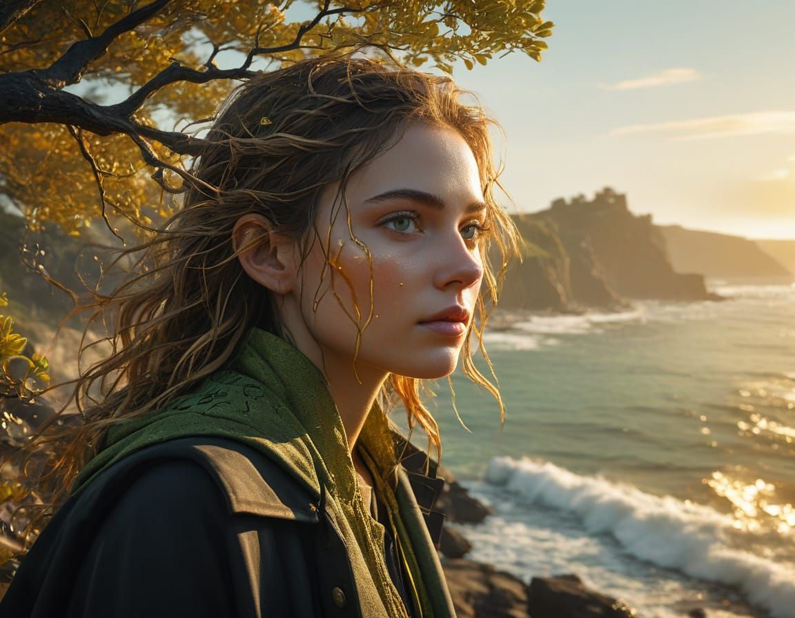 Ethereal Woman in Golden Landscape: Digital Painting