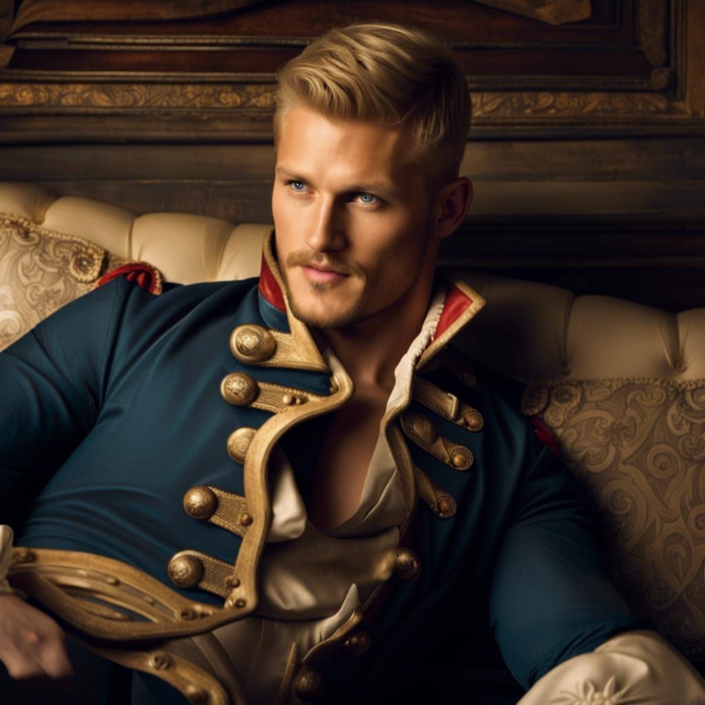 18th Century Soldier on Rococo Couch, Detailed Digital Art