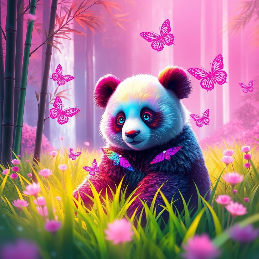 Iridescent Panda in Glowing Rainforest, Fantasy Art