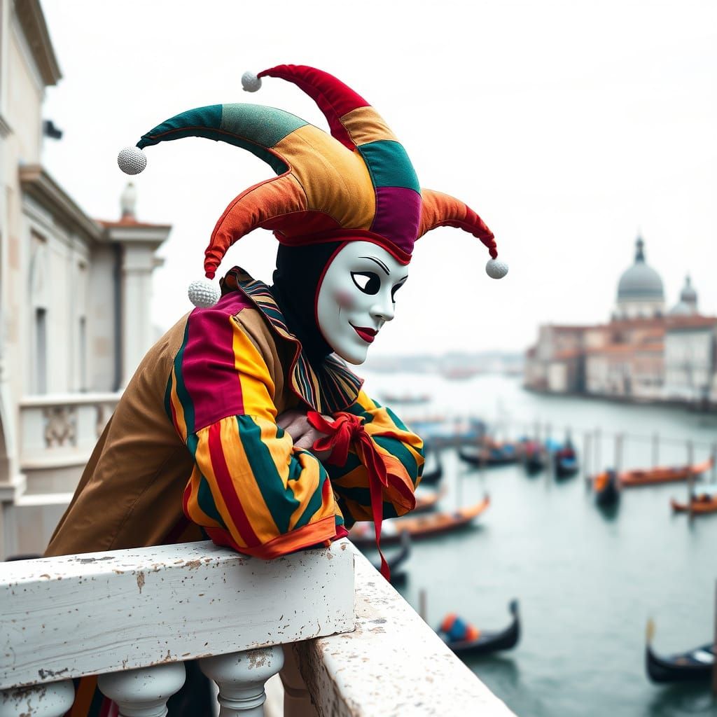 Venetian Jester Contemplates Canals in Watercolor Style