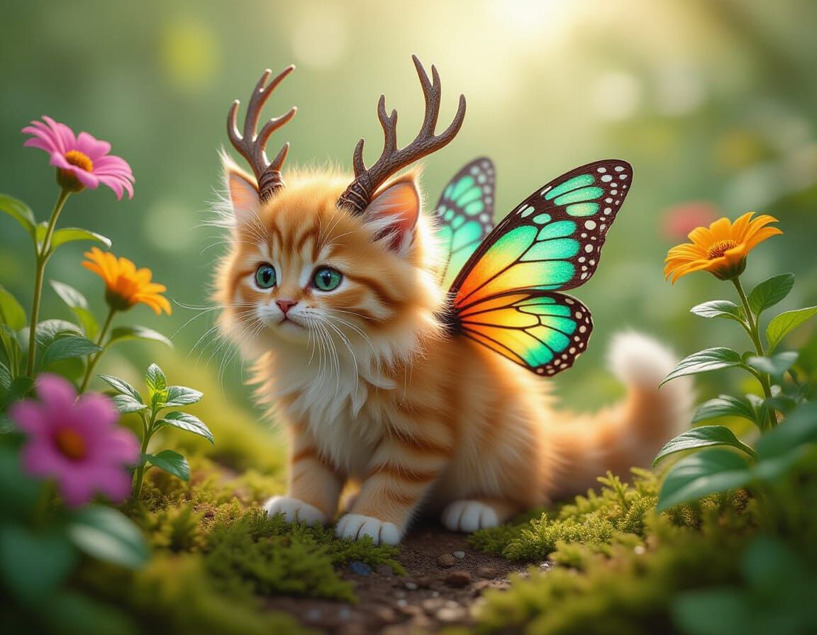 Fluffy Ginger Dragon-Cat Explores Lush Garden Jungle