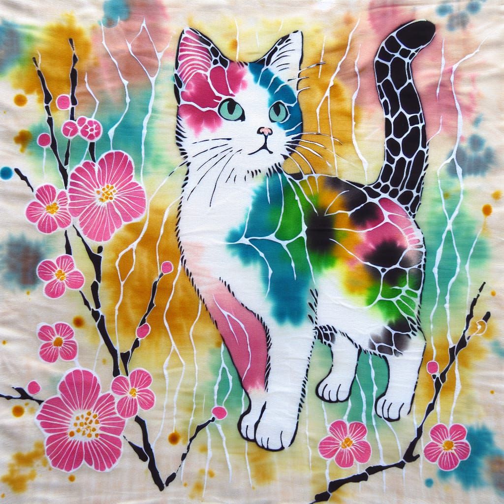 Batik Painting of a Cat with Spring Colors