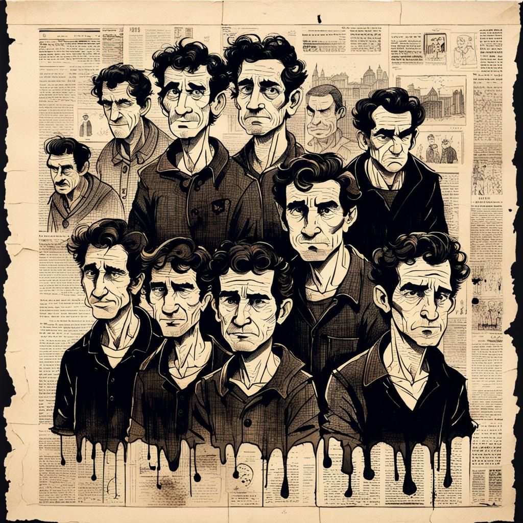 Ink Drawings on Crumpled Newspaper in Cartoon Style