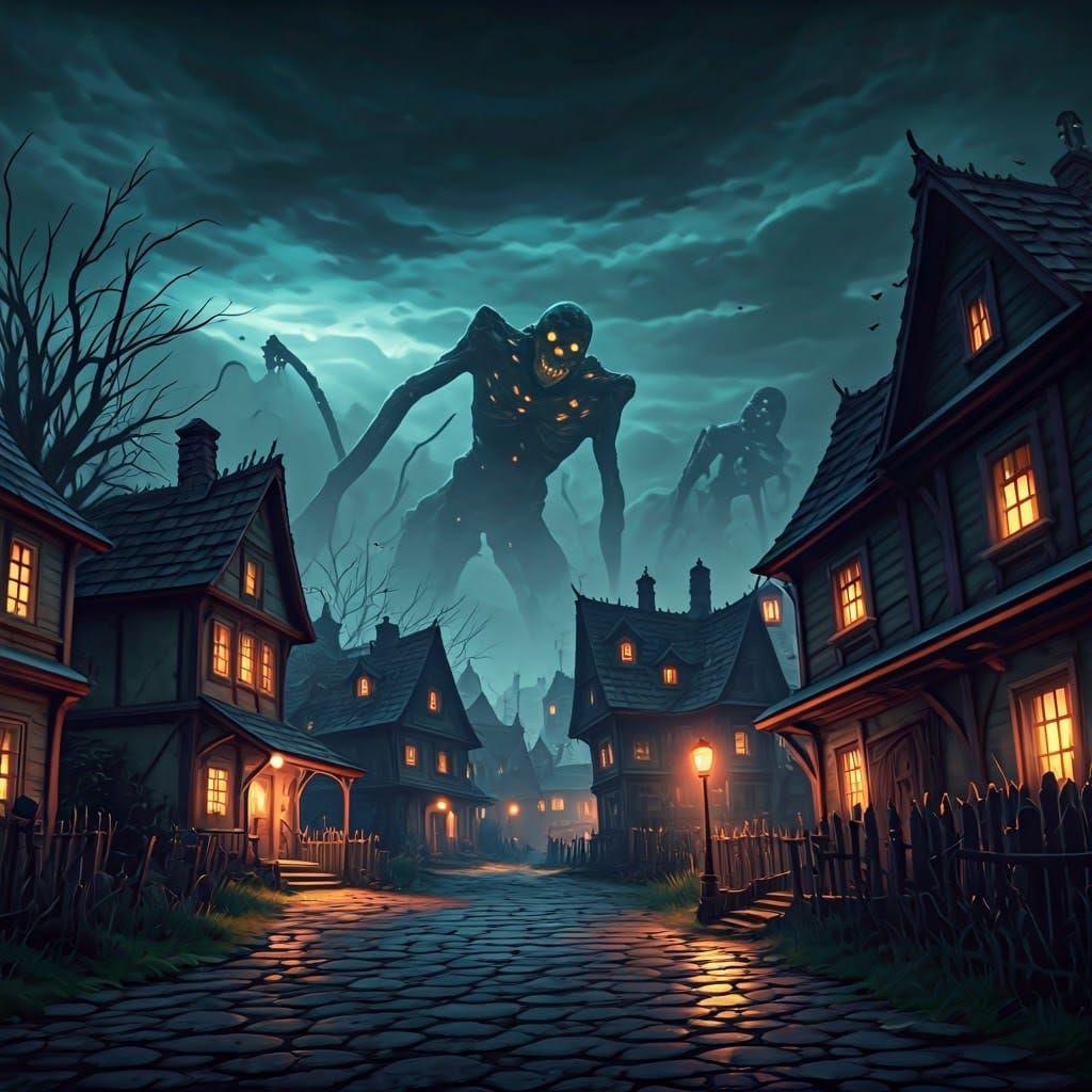 Eerie Halloween Town with Colossal Monsters
