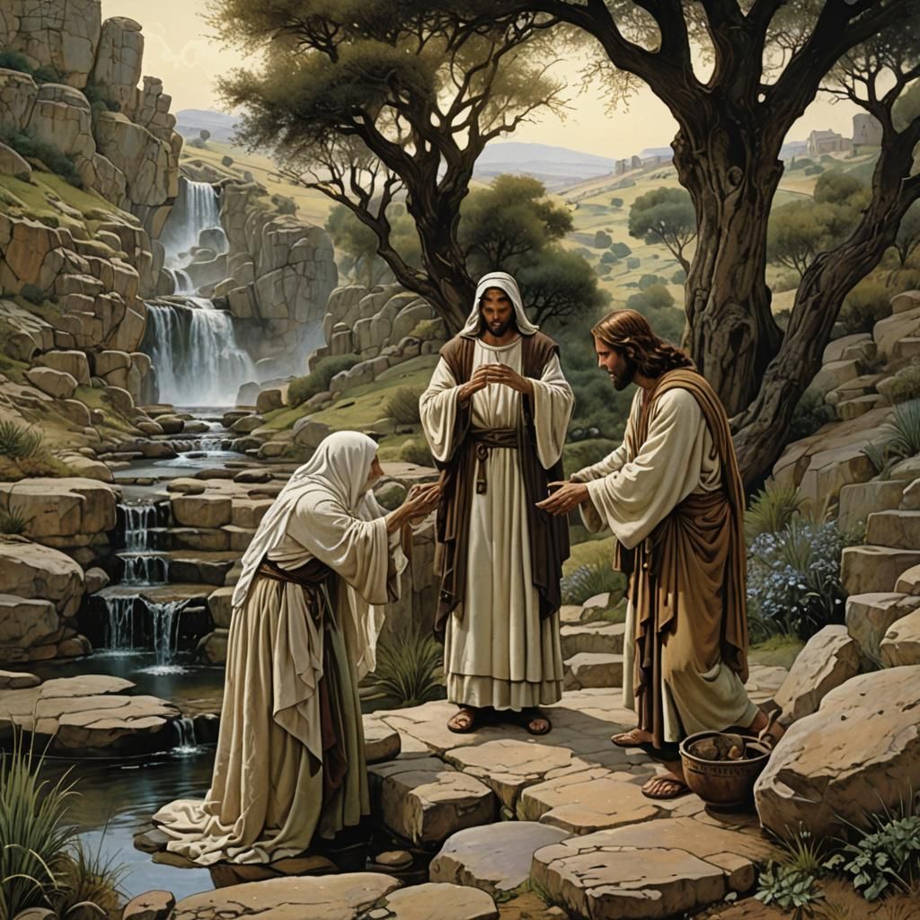 Jesus and Woman at Well, Expressive Illustration