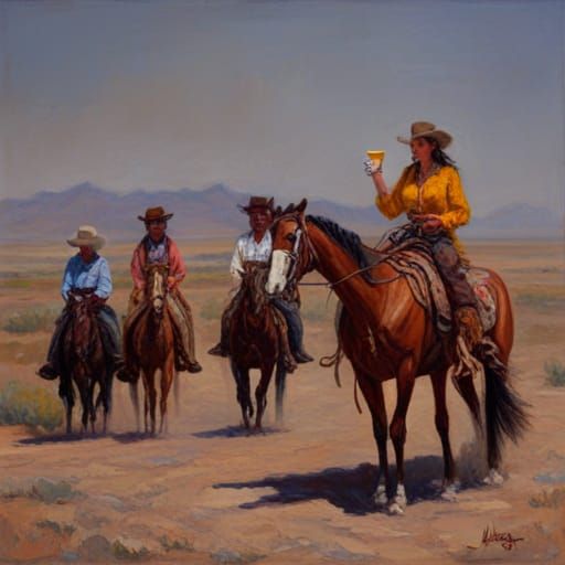 Cowboys and Cowgirls Enjoying Coffee, Oil Painting