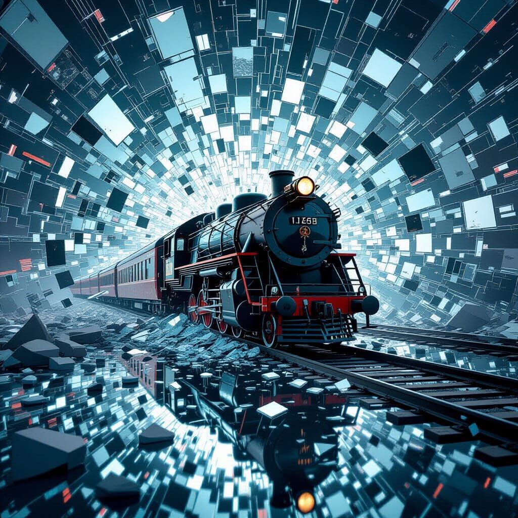 Train Wreckage in Shattered Mirrors: A Surreal Scene