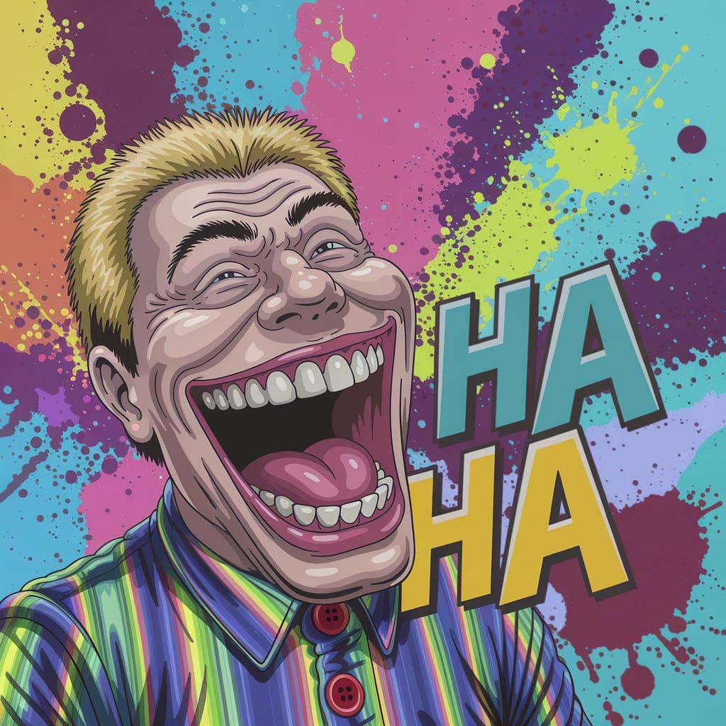 A man with a gigantic, toothy grin and oversized, uneven teeth, blonde spiky hair, frozen in a comically exaggerated lau...