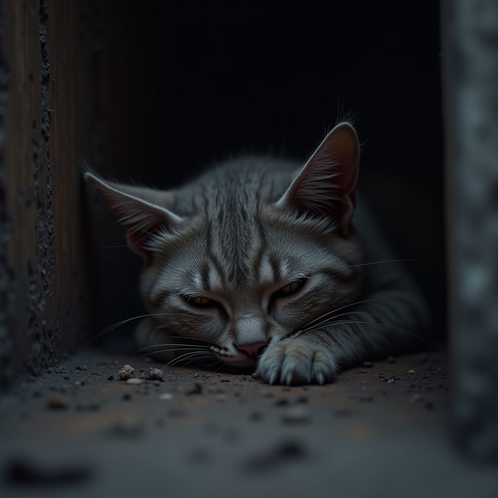 Frail Cat in Dusty Attic: Detailed Matte Painting